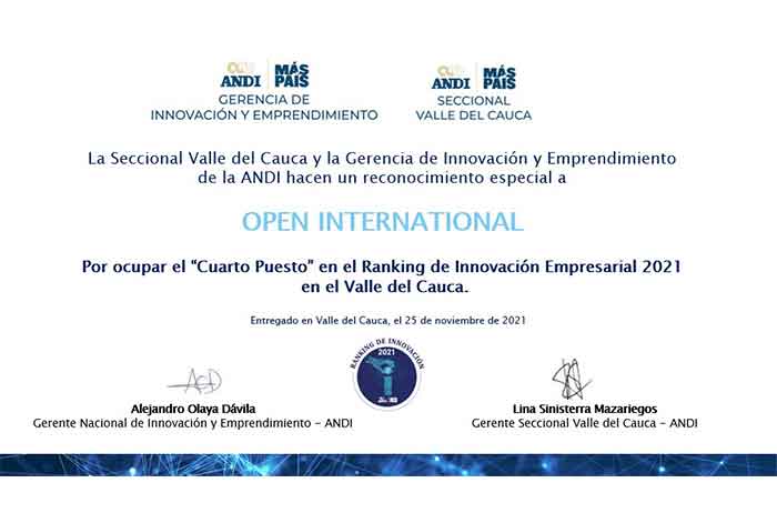 Open International recibió el reconocimiento especial de innovación empresarial por parte ANDI