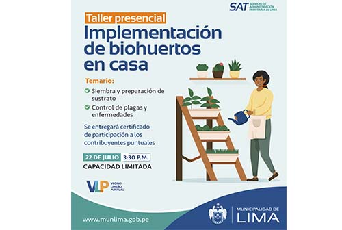 SAT de Lima dictará curso sobre implementación de biohuertos en casa para contribuyentes puntuales